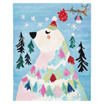 Charming Winter Bear Whimsy Hand Tufted Area Rug featuring a playful bear in a festive hat surrounded by colorful fir trees and snowflakes on a soft blue background. Perfect wool rug for adding a touch of fun to your living room, this area rug combines whimsy and warmth, making it an ideal choice for cozy living room area rugs.
