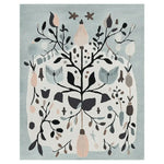 Top view of the Winter Garden Song Hand Tufted Area Rug featuring an intricate floral design in soft pastels and deep blacks, perfect for adding a touch of elegance to large living rooms. This wool rug showcases a blend of abstract and botanical elements, ideal for creating a cozy space.