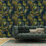 Yellow and Blue Watercolor Dark Botanical Leaves Wallpaper