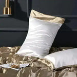 Elegant 100% Mulberry Silk throw pillow case with a luxurious gold trim, perfect for enhancing your home decor.