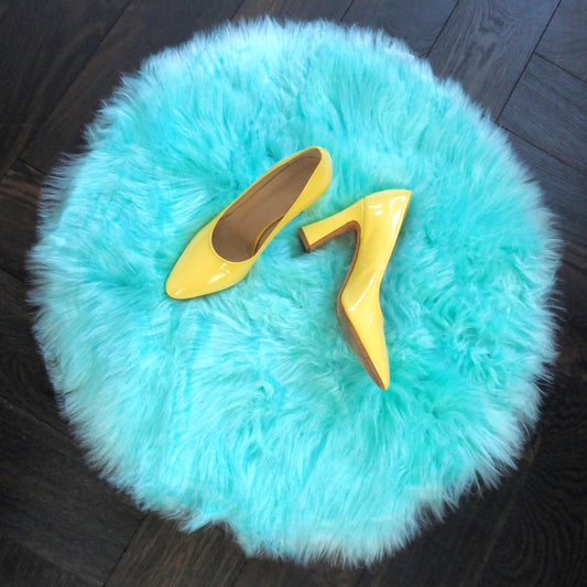 2' Round Artificial Wool Faux Fur Rug - Turquoise - MAIA HOMES