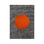 Stylish area rug featuring an abstract maze design with a bold orange sun at the center, crafted from hand-tufted wool. Perfect for adding a modern touch to living room and dining room spaces, this wool rug combines artistic flair with functionality, making it an ideal choice for dining room area rugs.