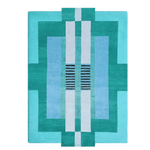Top view of the Aztec Blue Hand Tufted Wool Rug showcasing its vibrant geometric pattern. This area rug features a blend of teal and blue shades, ideal for adding a touch of elegance to any dining room or bedroom. Perfect for those seeking stylish wool rugs and versatile dining room carpets.