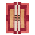 Top view of the Aztec Red Hand Tufted Wool Rug, showcasing its vibrant geometric pattern in shades of red, pink, and beige. This large area rug is perfect for adding a bold touch to any bedroom, making it an ideal choice for those seeking stylish bedroom rugs.