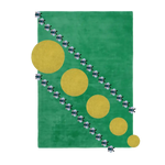 A vibrant area rug featuring hand-tufted wool with a playful design of yellow suns and bees on a green background. Ideal for adding charm to a dining room or living room, this wool rug is perfect for those seeking unique dining room area rugs or creative rugs for the living room.