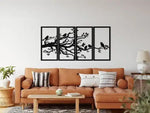 Birds on Branch Wall Art Metal Wall Hanging Decor - 4 panel Black