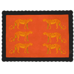 This striking area rug, perfect as a dining table rug, features an array of black leopards elegantly poised against a vibrant desert orange background. The intricate design is hand-tufted in premium wool, making it a luxurious addition to any dining room setting.