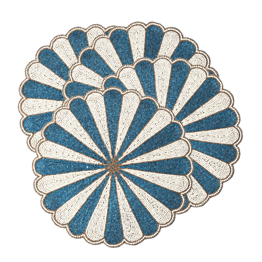Blue and White Beaded Scallop Round Placemats - MAIA HOMES