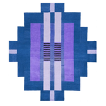 Top view of a Blue Aztec Steps hand-tufted wool rug, ideal for enhancing living room decor. This large area rug features bold geometric patterns in shades of blue and purple, perfect for adding a modern touch to your living room area.