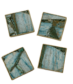 Blue-Green Composite Agate Coasters - Set of 4 Silver Finish