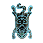 A striking Blue Tibetan Tiger Accent Hand Tufted Wool Rug featuring an intricately designed tiger pattern. This large area rug is perfect for adding a bold touch to an office space, showcasing rich colors and textures typical of high-quality wool rugs.