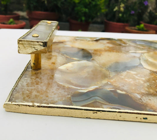 Brown Plated Agate Serving Tray With Clear Quartz Handles - MAIA HOMES