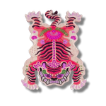 Bright and colorful Chinoiserie Tibetan Tiger hand-tufted wool rug in vibrant pink, perfect for adding a bold statement to living room and dining room spaces. This large living room area rug features an abstract tiger design, showcasing intricate details and rich textures, ideal for those seeking unique wool rugs.