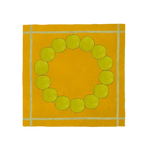 A vibrant Circle of Suns square hand-tufted wool area rug in orange, featuring a unique circular pattern at the center. This stylish design is perfect for enhancing living room and dining room spaces, adding warmth and texture to any setting.