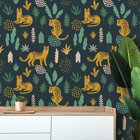 Colorful Fox and Ferns Illustrated Jungle Wallpaper - MAIA HOMES