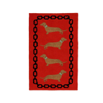 Charming dachshund-themed red and black hand-tufted wool rug, perfect for adding a playful touch to your living room. This large area rug features a vibrant red background with adorable dachshund motifs and a bold black border, making it an ideal choice for those looking to enhance their living room area rugs collection.
