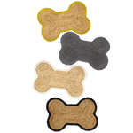 A colorful collection of dog bone-shaped jute area rugs in four different colors, including natural, gray, and tan with contrasting borders. These charming rugs are perfect for adding a playful touch to any room.