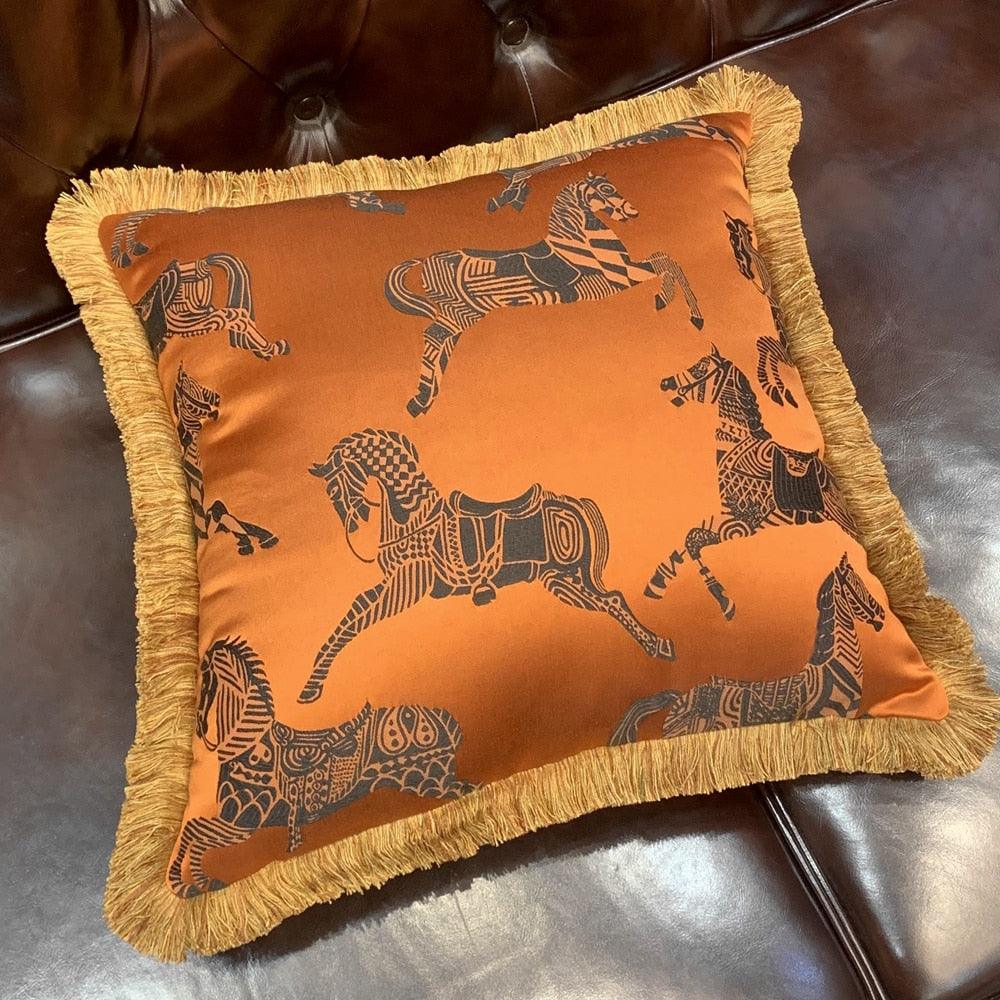 Faux Silk Orange Horses Pillow Cover with Golden Fringes - MAIA HOMES