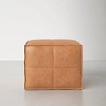 Genuine Leather Square Pouf Ottoman - Light Brown