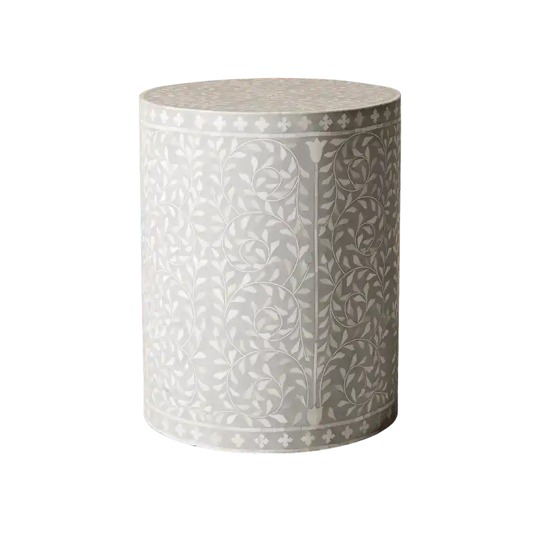 Gray Floral Motif Bone Inlay Round Drum Side Table MAIA HOMES