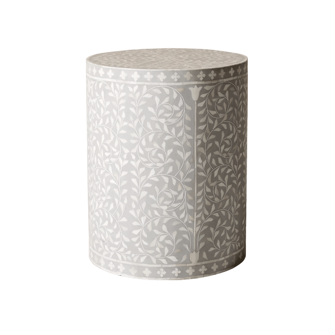 Gray Floral Motif Bone Inlay Round Drum Side Table - MAIA HOMES