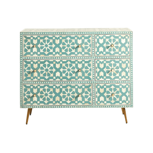 Green and White Moroccan Geometric Bone Inlay 6 Drawers Chest - MAIA HOMES