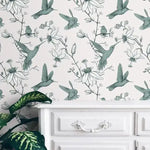 Green Flying Hummingbird Floral Wallpaper