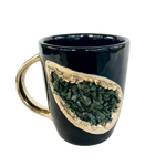 Green Quartz Marbled Black Ceramic Coffee Mug with Gold Handle - Set of 2 No