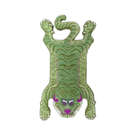 A stylish Green Tibetan Tiger Accent Wool Rug, ideal for enhancing any dining room with its unique design. This vintage area rug features a striking tiger motif, perfect for those seeking formal dining room rugs that add a touch of exotic flair. Crafted from high-quality wool, this dining room area rug offers both durability and a bold aesthetic.