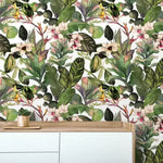 Green Tropical Leaves and Flowers Watercolor Wallpaper