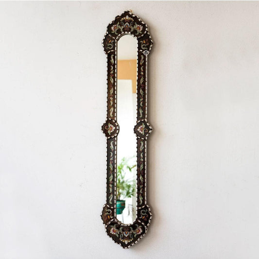 Hand Painted Black Floral Wooden Narrow Wall Mirror - MAIA HOMES