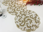 Classic Floral Motif Beaded Table Runner - White/Gold