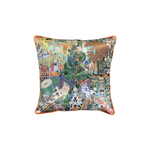 Colorful throw pillow featuring a vibrant design that combines jungle and cityscape elements, perfect for adding a touch of nature and urban style to any decor.