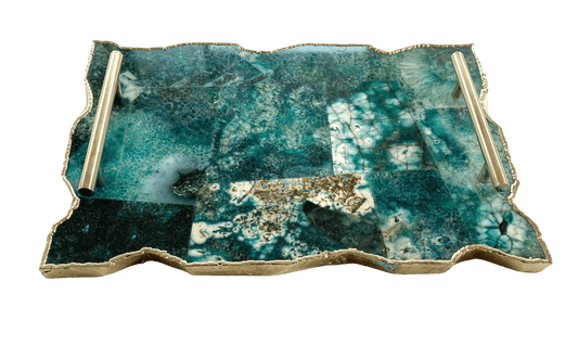 Large Composite Green Agate Serving Tray With Modern Brass Handles - MAIA HOMES