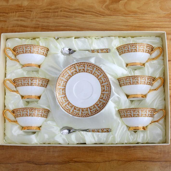 Mosaic Pattern Bone China Tea Cup with Saucer - MAIA HOMES