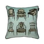 Decorative throw pillow featuring an artistic design of various vintage chairs on a light blue background, perfect for enhancing home decor.