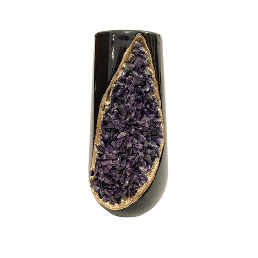 Purple Amethyst Crystal Black and Gold Ceramic Vase Planter - MAIA HOMES