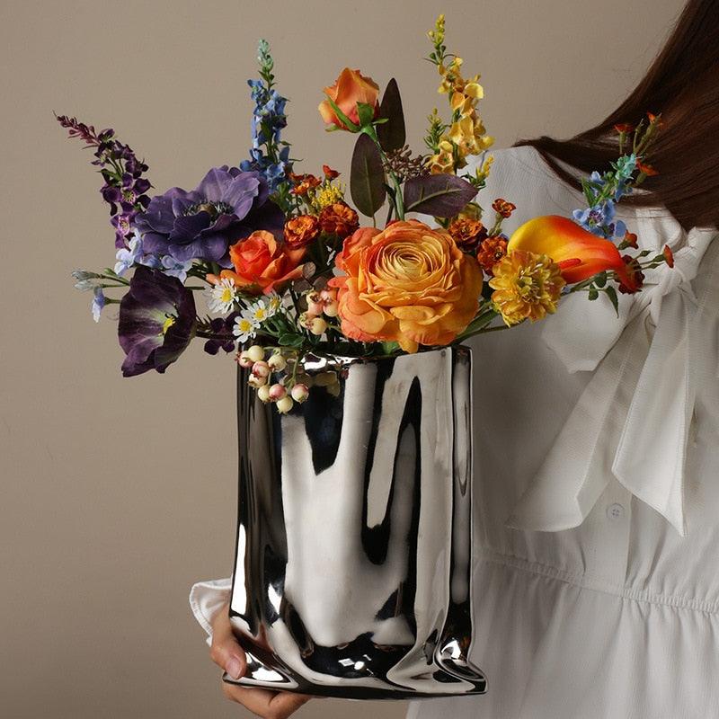 Silver Shopping Bag Shaped Flower Vase - MAIA HOMES