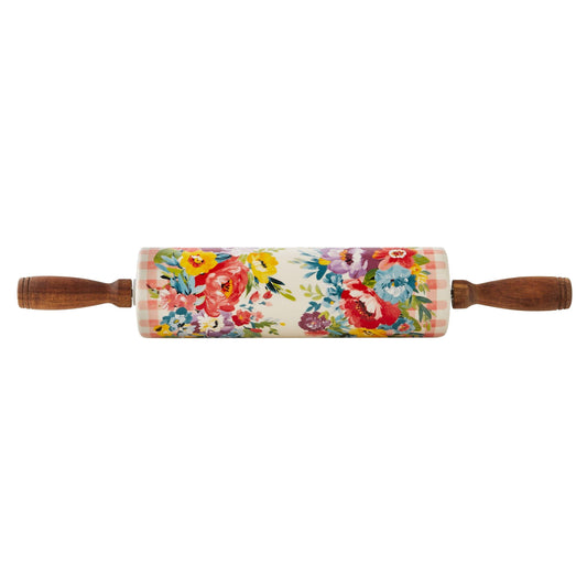 Sweet Romance Blossoms Ceramic Rolling Pin with Acacia Wood Handles - MAIA HOMES