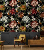 Vintage Oversized Exotic Flowers and Birds on Black Wallpaper