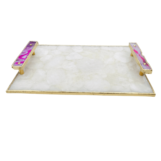 White Crystal Agate Plated Serving Tray With Pink Agate Onyx Handles - MAIA HOMES