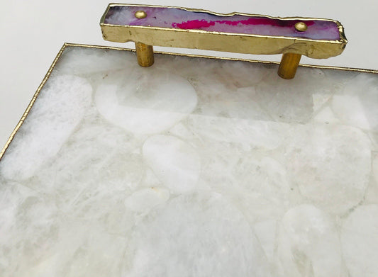 White Crystal Agate Plated Serving Tray With Pink Agate Onyx Handles - MAIA HOMES