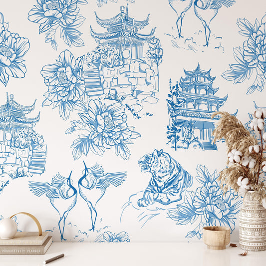white and blue chinoiserie painting