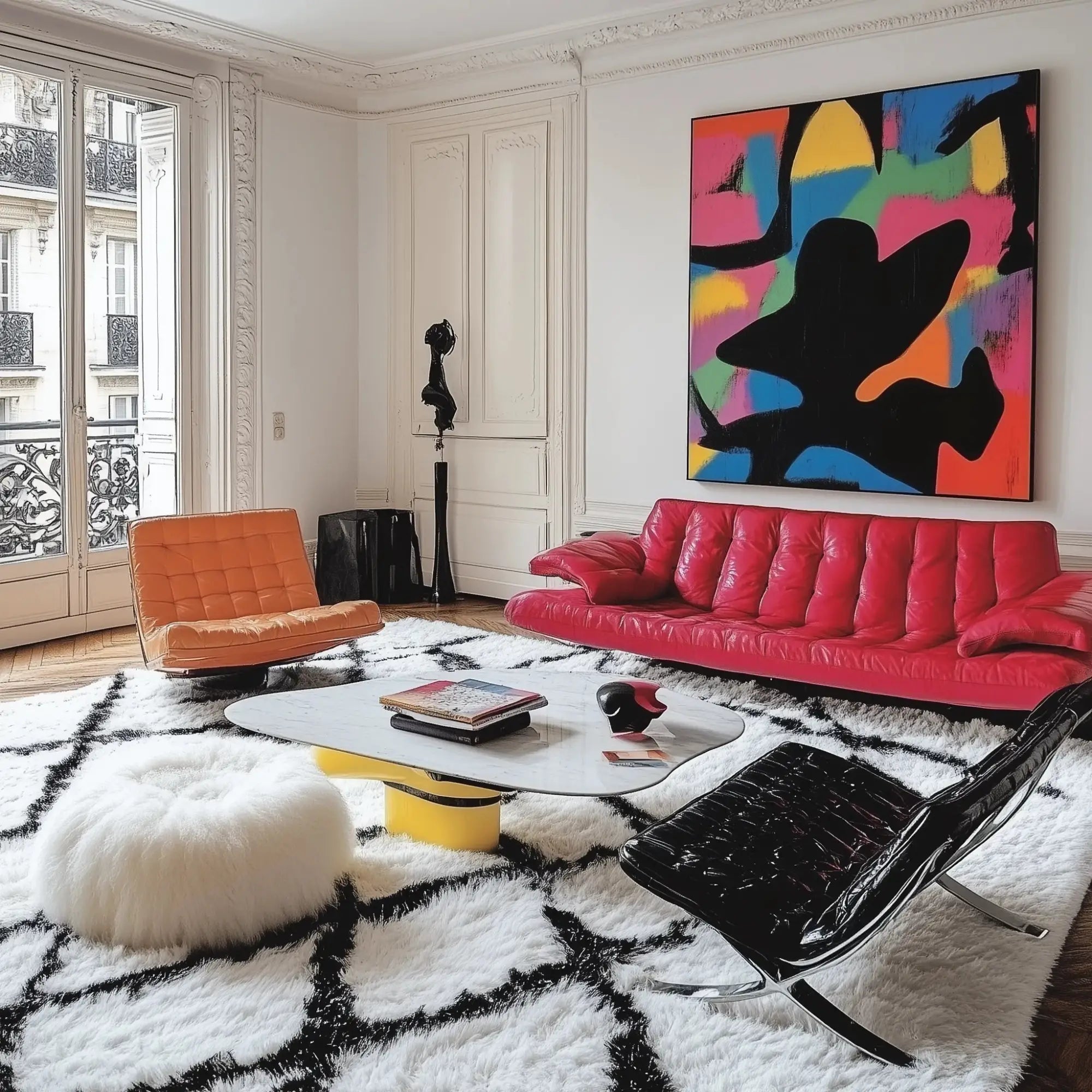 shag rug white black diamond mid century modern living room