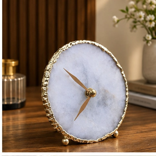 Hand Chipped Round White Marble Desk Wall Clock