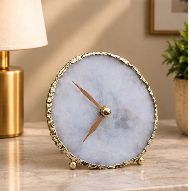 Hand Chipped Round White Marble Desk Wall Clock