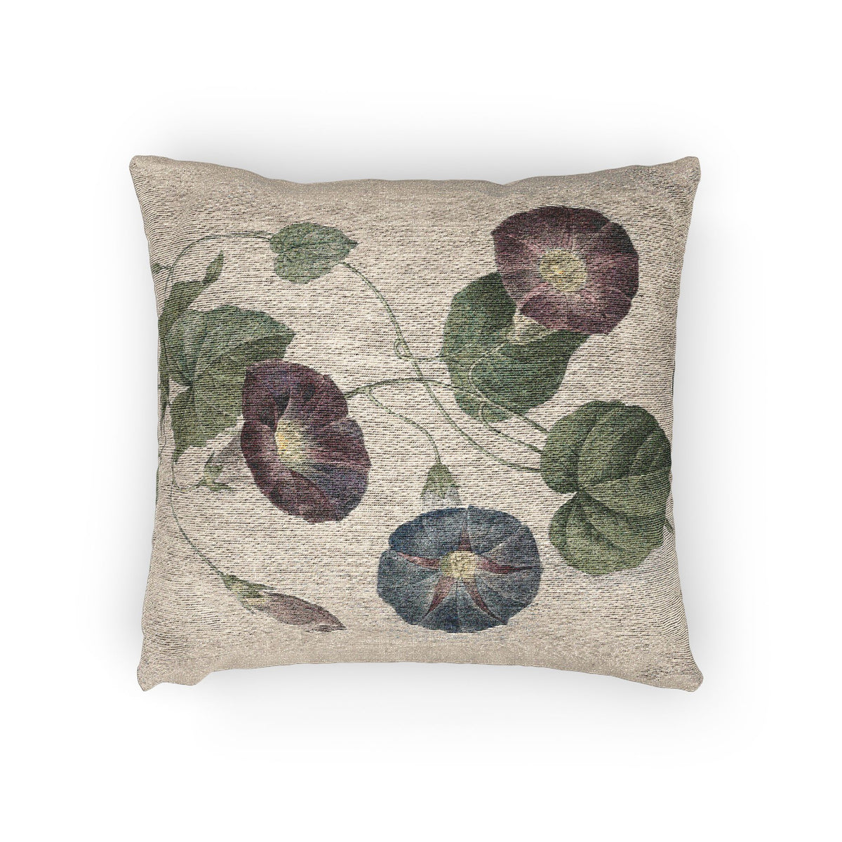 A square decorative throw pillow with a textured beige linen-like background featuring a vintage botanical pattern of purple and blue morning glories with green leaves.