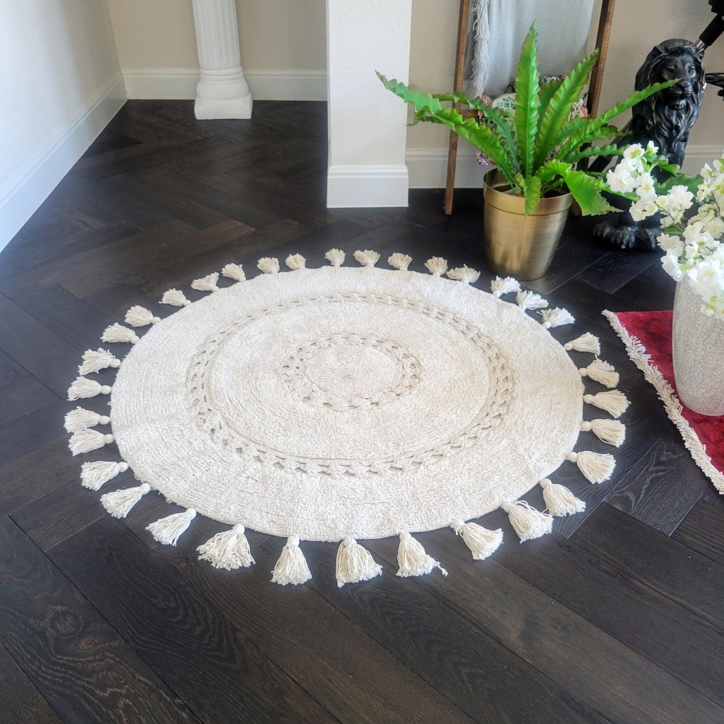 100% Non-Toxic Cotton Boho Round Crocheted Bath Rug with Tassels - Extra Large - MAIA HOMES