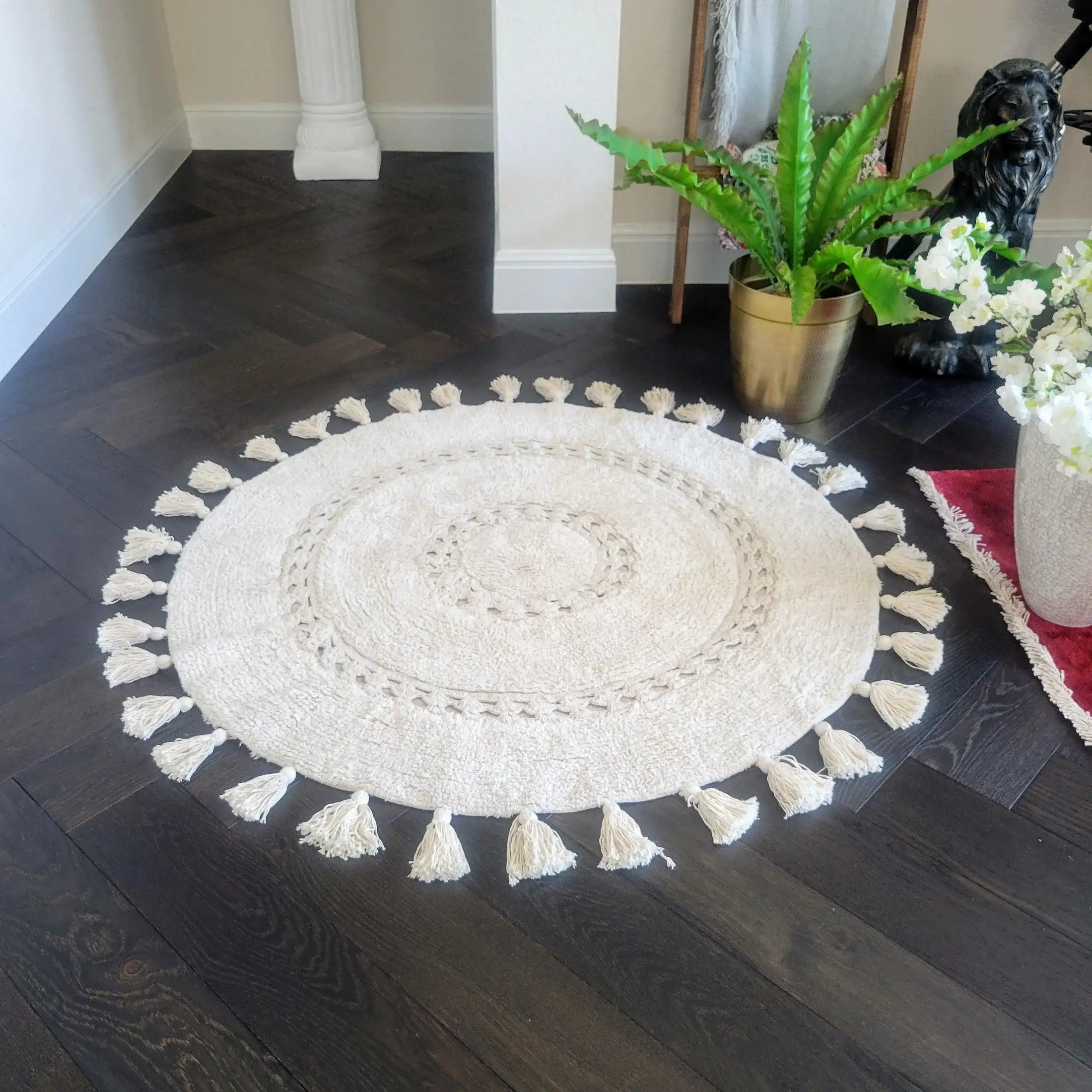 100 NonToxic Cotton Boho Round Crocheted Bath Rug with Tassels