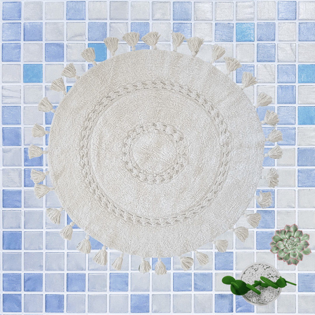 100% Non-Toxic Cotton Boho Round Crocheted Bath Rug with Tassels